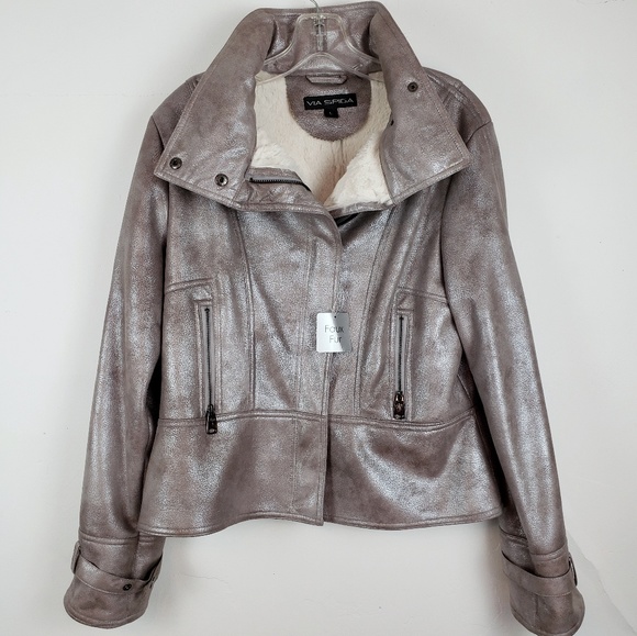 Via Spiga Jackets & Blazers - New! NWT Via Spiga Metallic Moto Faux Fur L
